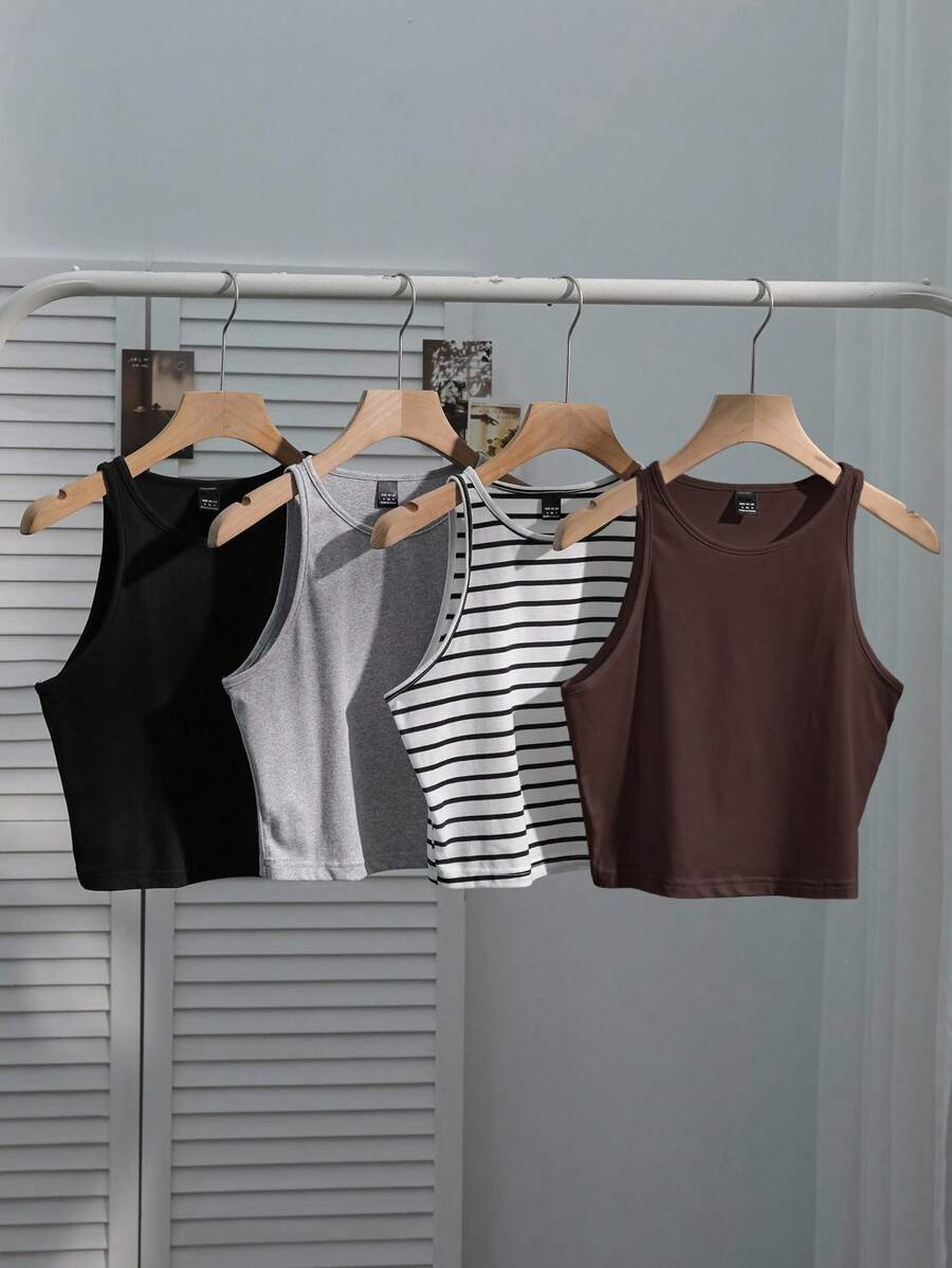 SHEIN EZwear 4pcs/Set Women's Casual Tight Fit Tank Tops, Black, Brown, Gray, Striped, Versatile & Sexy For Summer Back To School - Multicolor - View 1