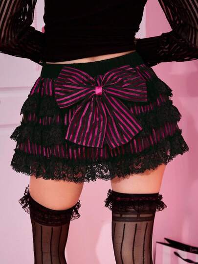 J-Fashion Gonna estiva multistrato di moda con colorblock, righe, pizzo e fiocco