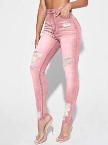 Selenza Relaxed Distressed Cat Whisker Skinny Fit Jeans - Pink - View 3