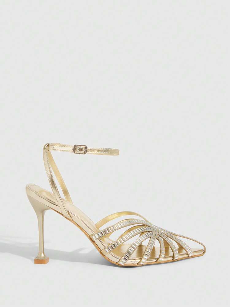 CUCCOO SZL Women Shoes New European And American Fashion Lace-Up Combination Inlaid With Rhinestones Hollow Lace-Up Pointed High-Heeled Sandals, Versatile, Comfortable, Lightweight, Simple And High-End Temperament Elegant And Sexy Shoes Spring Shoes