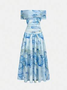 Girlism 少女蓝色针织花卉印花露肩褶皱长裙，优雅复古，返校/派对服装，生日服装，舞会礼服，派对礼服，亮粉色连衣裙，婚纱，夏季连衣裙，夏季修身网眼扎染 - 藍色 - 查看 6