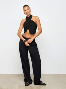 AiiRZ 优雅交叉露肩露脐上衣，摩登派对晚宴时尚无袖夜店装，春夏皆宜，露肩款式。 - 黑色 - 查看 3