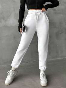 SHEIN PETITE Cotton Slant Pocket Drawstring Sweatpants - White - View 1