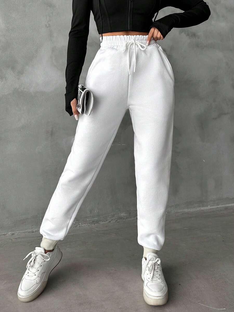 SHEIN PETITE Cotton Slant Pocket Drawstring Sweatpants - White - View 1