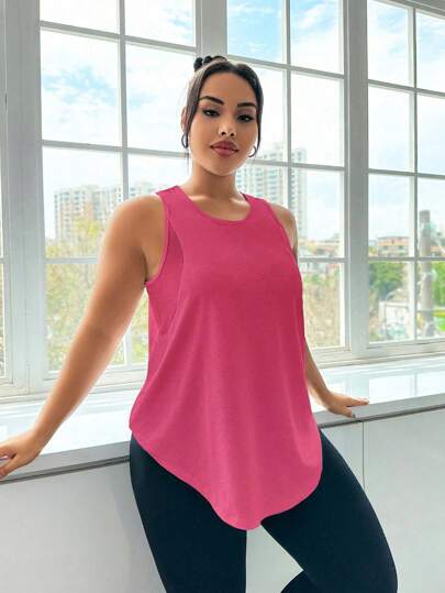 Easithlete Plus Size Women's Simple Solid Color Patchwork Breathable Mesh Curved Hem Sports Tank Top Plus Size Workout Tops Curve Workout Tops Plus Size Gym Tops Workout Tops Women Loose Curve Activewear Tops