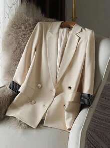 Franclia Women's Business/Casual Contrast Striped Cuff Sleeve Lapel Collar Double Breasted Open Front Blazer, Spring & Autumn Clothes For University - Apricot - View 3