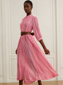 BELROSIE Elegant Soft Pink Long Dress For Women,Autumn Lace Trim Decor Open-Front 3/4 Lantern Sleeve,Lightweight Luxury & Chic Brunch Beach Holiday Style - Watermelon Pink - View 6