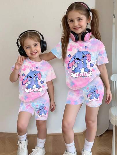 SHEIN Babyflickor Tecknad Kanin Mönstrad Tie-Dye Rund Hals Kortärmad T-shirt Och Stickade Leggings Shorts Set Baby Matchande Set Sommar Tie Dye Babykläder Flickor