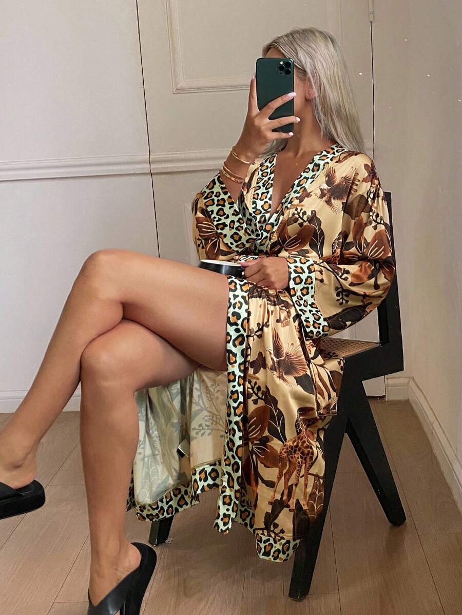 DAZY 女式拼布动物印花豹纹长袍睡衣 - 棕色 - 查看 1