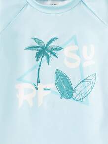 SHEIN Babyboy Casual Summer Vacation Palm Tree Print Short Sleeve Shorts Swimsuit Set Baby Boy Beach Set Baby Boy Beach Wear Baby Boy Swimsuit Baby Boy Rash Guard Set Boy Outfit Tropical - Blue - View 4