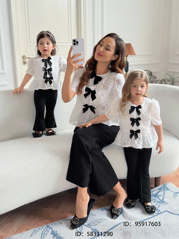 SHEIN 2 Stück/Set Baby Mädchen Schleife Dekor Puffärmel Top und Weite Hose Set, Mutter und Tochter passende Outfits (2 Sets separat verkauft)