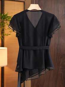 Franclia V-Neck Ruffled Trim Tie-Waist Cap Sleeve Chiffon Blouse