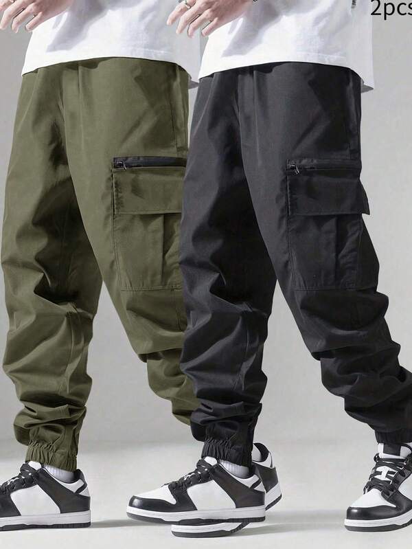 SHEIN 2pcs/Set Kids & Tween Boys' Casual Pockets Loose Solid Color Cargo Jogger Pants, 2 Different Styles