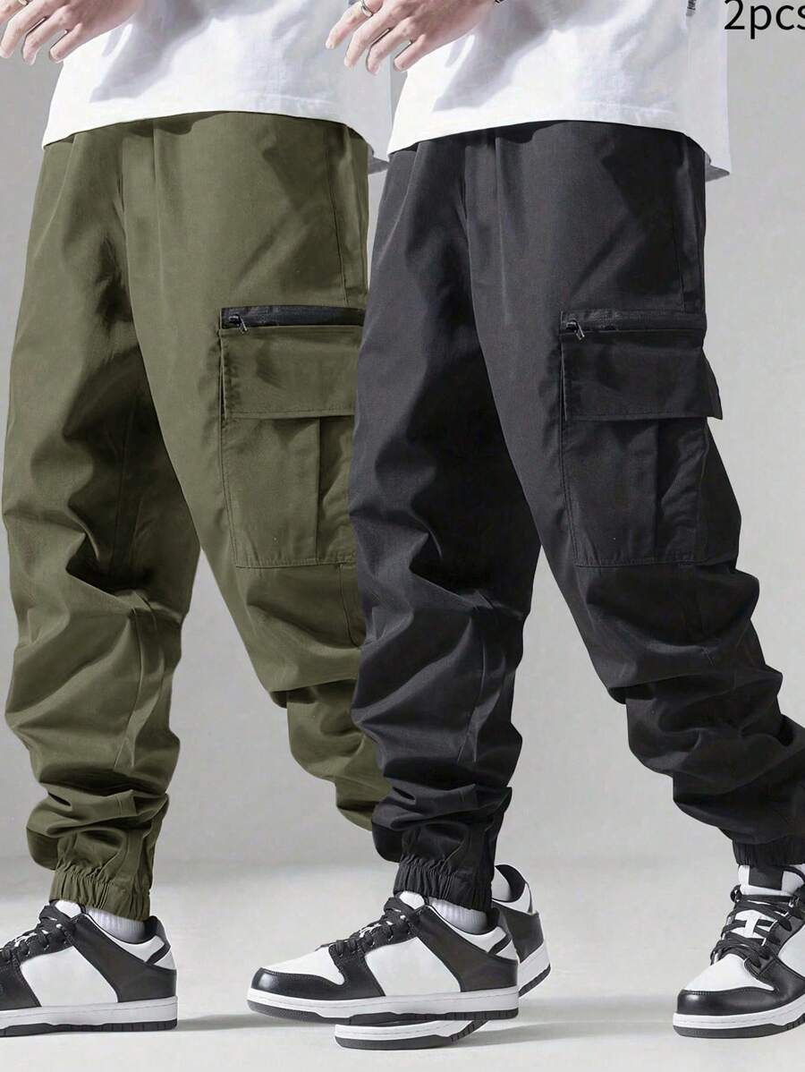 SHEIN Set de 2 pantalones cargo tipo jogger de bolsillos sueltos y de color liso para niños y preadolescentes varones, 2 estilos diferentes - Verde militar - Ver 1
