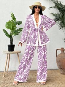 SHEIN Cottnline Women All-Over Print Long Sleeve Kimono And Wide Leg Pants 2 Pieces Set - Lilac Purple - View 2