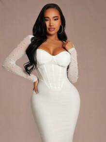 SHEIN SXY Plus Size Women's Spring & Summer Elegant Sexy Daily Basic Handmade Beading Romantic White High Stretch Knitted Patchwork Mesh Corset Style Bodycon Long Dress Halloween Lace - White - View 3