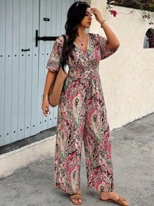 Breezaya Plus Size Women's Boho Vacation Floral Print Shirred Batwing Sleeve Belted Wide Leg Casual Jumpsuit, For Summer - Multicolor - View 4