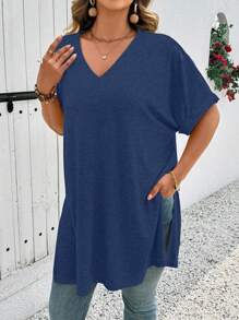 EMERY ROSE Plus Size Summer Casual Solid Batwing Sleeve Side Slit T-Shirt - Blue - View 4