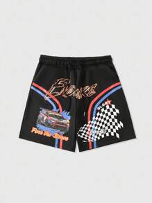 ROMWE MEN Street Life Men's Loose Fit Racing Car Print Drawstring Waist Pocket Shorts - Black - View 1