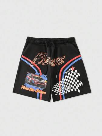 Street Life Men's Loose Fit Racing Car Print Drawstring Waist Pocket Shorts