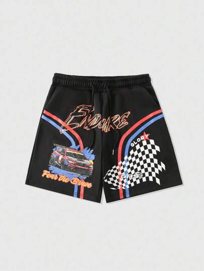 Prep Men's Loose Fit Racing Car Print Drawstring Waist Pocket Shorts
