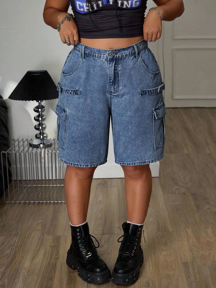 SHEIN ICON Cargo Pocket Tie-Up Detail Print Washed Denim Shorts