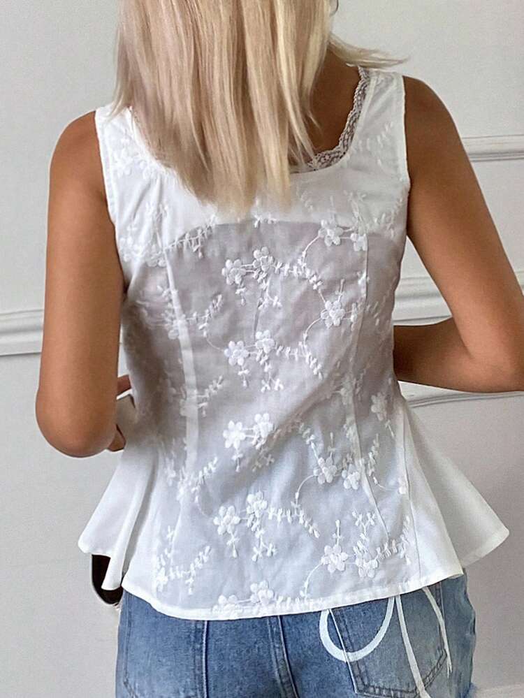 Delicate White Floral Lace Sleeveless Blouse, Slim Fit Ruffle Hem Korean Style Tank Top For Women In Summer,Babydoll Top