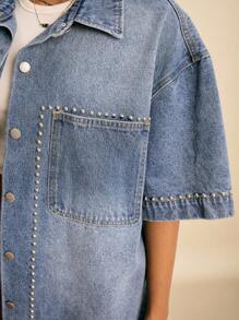 Easelle Women's Solid Color Casual Short-Sleeved Denim Shirt With Rhinestones On The Front, Sparkling, Independence Day, Outdoor, Back To School, Vintage, Streetwear