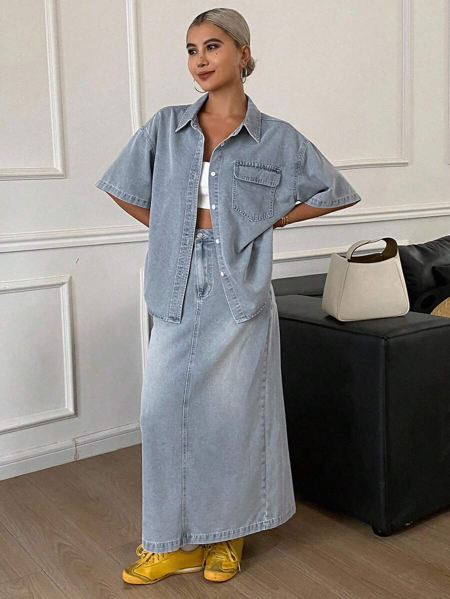 Livesso Women Summer Short Sleeve Shirt & Denim Skirt 2-Piece Set - Blue - View 1