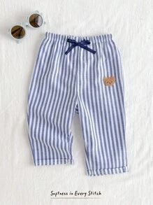 Cozy Pixies 男婴松紧腰休闲长裤，带装饰带，舒适百搭 - 藍色 - 查看 6