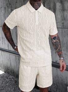 Manfinity CasualCool Men Solid Color Short Sleeve Polo Shirt And Shorts 2-Piece Set Cream Outfit Men Men Two Piece Set Summer Knit Two Piece Set Men,Men 2 Piece Set,Men Summer Outfits