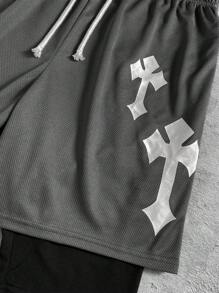 SHEIN Leap Crew 1 Stück Teenager-Jungen-Shorts mit Kreuz-Aufdruck und Slogan-Grafik, Kordelzug in der Taille, doppellagig, vielseitig, lässig, Frühling, Schulanfang - Grau - Übersicht 3