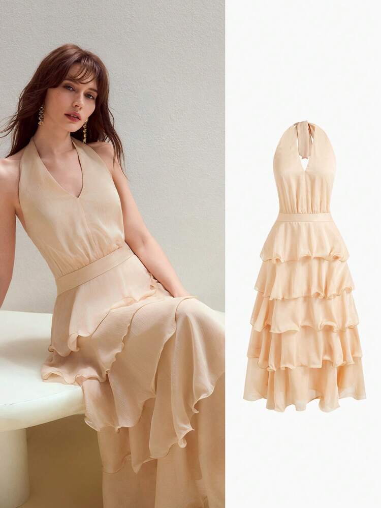 MOTF STUDIO ROMANTIC HOLIDAY HALTER NECK LAYERED RUFFLE HEM MID-LENGTH DRESS