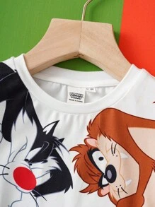 LOONEY TUNES X SHEIN 小男孩可爱猫咪图案白色休闲短袖T恤 - 白色 - 查看 5