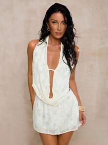 SHEIN Glamour Women's Sexy Backless 2 Pieces Outfit, Suitable For Summer Vacation Boho White Dress White Beach 2 Pieces - White - View 6