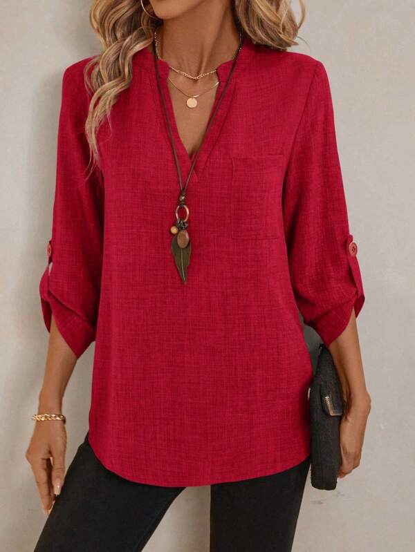EMERY ROSE Women's Notched Neck 3/4 Sleeve Printed Blouse Work Shirt, Spring