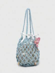 ROMWE Kawaii 女士复古蝴蝶结刺绣英文标语蝴蝶结托特包，大容量适合购物和上学 - 藍色 - 查看 2