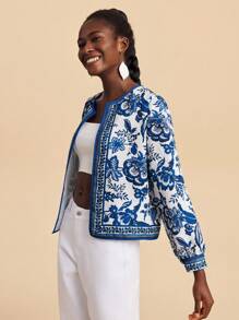 Travachic Blue And White Woven Fabric Long Sleeve Coat With Pattern And Regular Hem Blue And White Floral Jacket Printed Jacket Floral Print Cardigan Casual Jacket Women Fall Outfits Women Winter Clothes For Women - Blue and White - View 7