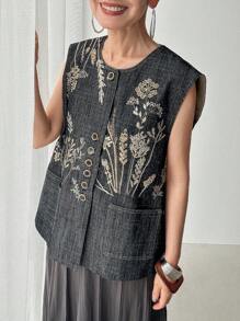 FRIFUL 女式休闲花卉刺绣前扣牛仔衬衫，夏季 - 藍色 - 查看 8