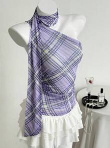 Elamini Women's Casual Summer Vacation Asymmetrical Neck Sleeveless Blue Plaid Halter Neck Flowy Chiffon Blouse - Mauve Purple - View 5