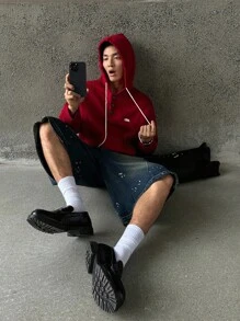 Manfinity BRENVOR 男士休闲时尚刺绣针织连帽衫，适合秋冬 - 紅色 - 查看 5