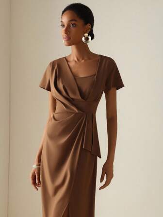 Vesra 女式纯色短袖褶饰腰连衣裙