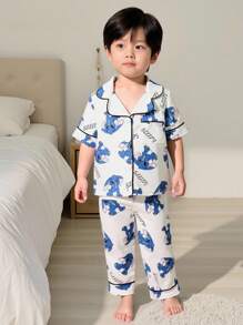 2 Stücke Pyjama-Set für Kleinkinder, Jungen, niedlicher Cartoon-Maus-Kaninchen Muster, weiße Basis, kurzärmelige Strickjacke und Hose, bequemes Pyjama-Set für den Schulanfang, Sommer-Outfits, Back Tp, Schulkleidung, Schulbedarf, Schultaschen, Sommer-Pyjama-Set für Jungen, Nachtwäsche für Kleinkinder, Jungen, Pyjama-Set für Jungen