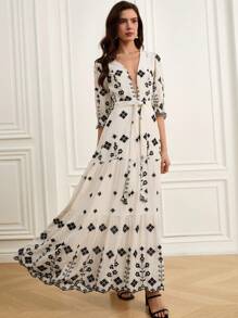 GENKIRA Elegant Double-Sided Tencel Linen Embroidered Sexy Deep V-Neck Belted Mid-Sleeve Dress - Multicolor - View 3