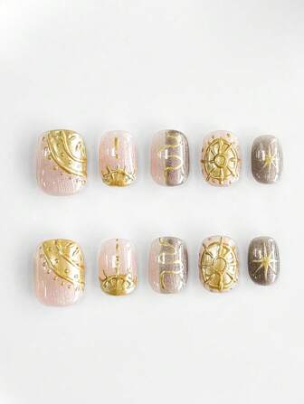 10pcs Hippie Style Hand-Painted Sun & Star Reusable Press On Nails With 3pcs Double-Sided Glue, Short Square Artificial Nail Tips, Contrast Color Nail Stickers For Festival Party, Dancing And Daily Wear