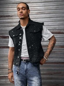 AXEPEAK 男士夏季时尚水钻装饰无袖牛仔上衣 - 黑色 - 查看 4