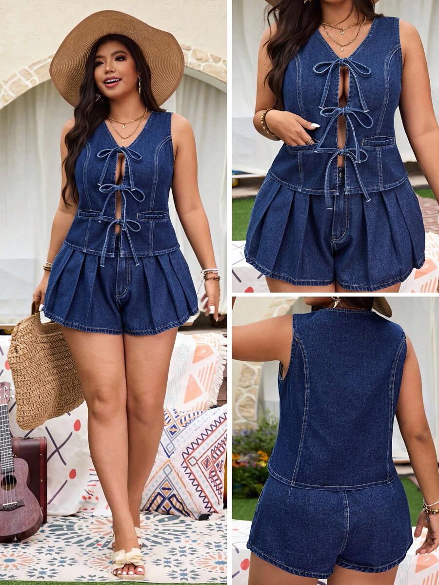 SHEIN LUNE Women's Plus Size Denim Jacket With Bowknot Waist Belt, For Spring And Summer - Dark Wash - View 1