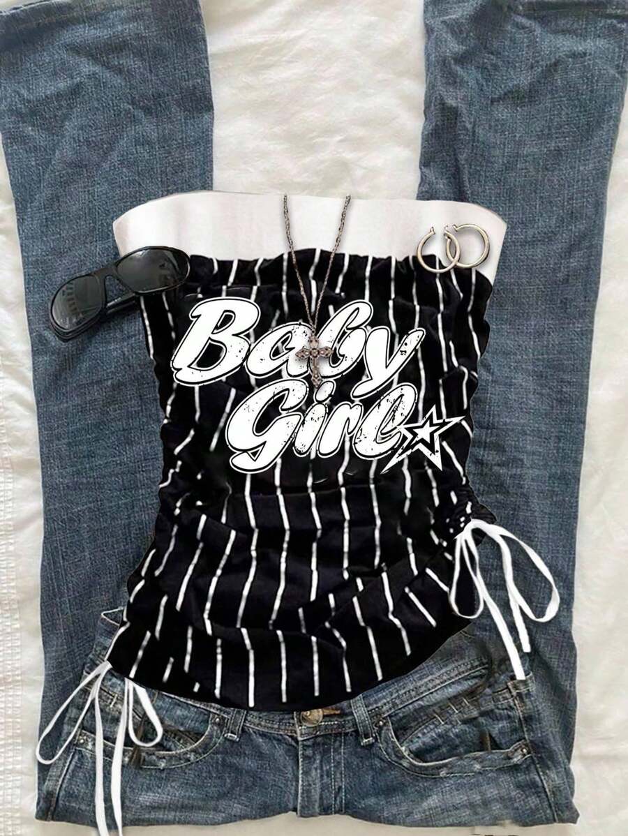 Attitoon Back To School, Black & White Striped, Retro Baby Girl Pattern, Punk Rock Style, Y2K Punk Hottie, Suitable For Music Festivals, Beach, Summer Miami Girl Tie-Front Crop Top Baby Girl Striped Tube Top Women Summer Top Beach Y2k Fashion,Back To School Goth Suitable For Going Out - Black and White - View 1