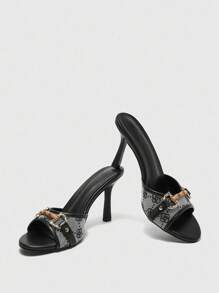 CUCCOO BIZCHIC 黑色 PU 混合时尚金色扣撞色圆头一脚蹬舒适高跟凉鞋