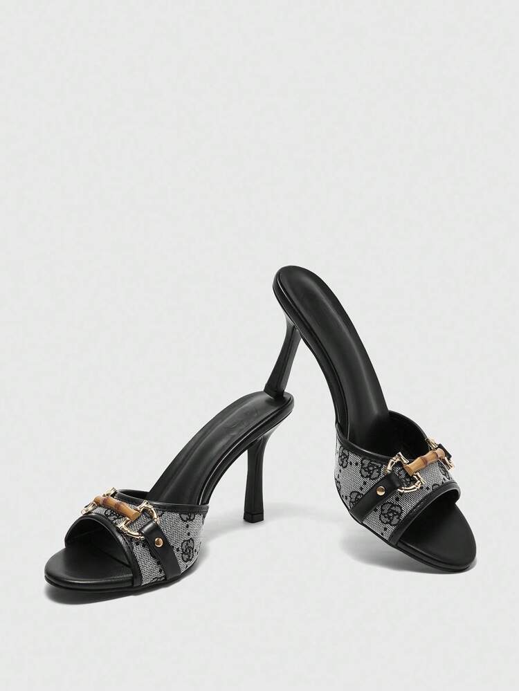 CUCCOO BIZCHIC Black PU Mixed Fashionable Gold-Tone Buckle Contrast Color Round Toe Slip-On Comfortable High Heel Sandals For Christmas Spring Shoes Summer Shoes
